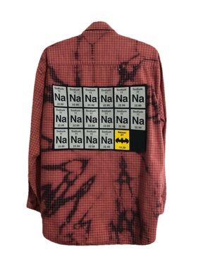 - Custom upcycled “Batman” chemistry themed check shirt. L